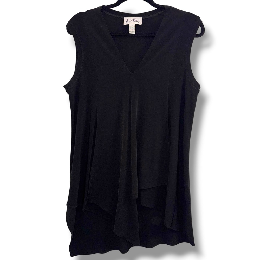 Joseph Ribkoff Tunic Blouse Women 12 Black V-Neck Draped Asymmetrical Tiered Hem